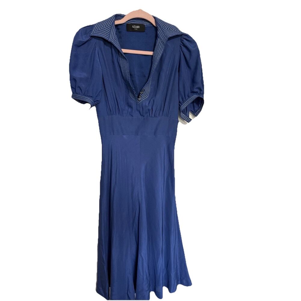 Azzaro Paris Blue 100% Silk Dress Size 36 (US S 4-6)‎ Puff Sleeve Made in France